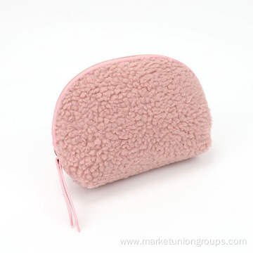 Sherpa Shell Shape Makeup Bag, Cute Pink Cosmetic Plush Storage Bag